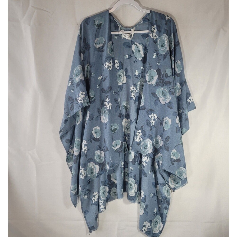 LC Lauren Conrad Rose Garden Blue Floral Ruana Poncho Wrap Shawl Cover One Size